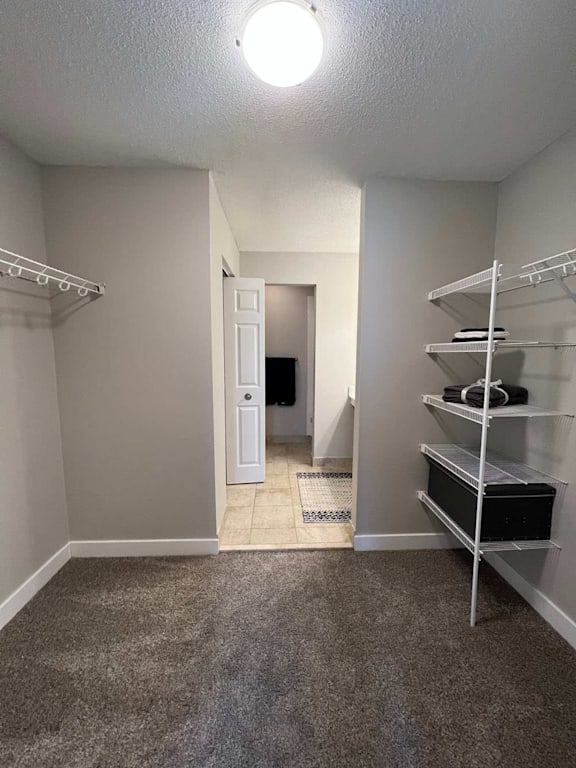 A room with a carpeted floor and a white door.