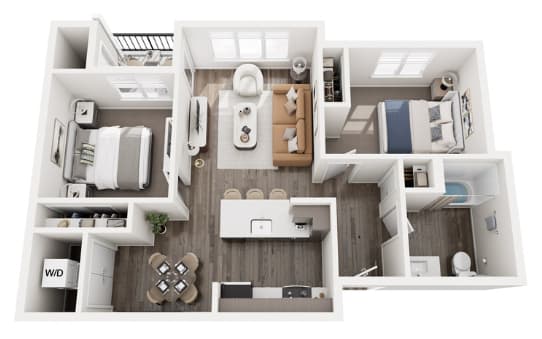 A top-down view of a small apartment layout with a kitchen, living room, and bedroom.