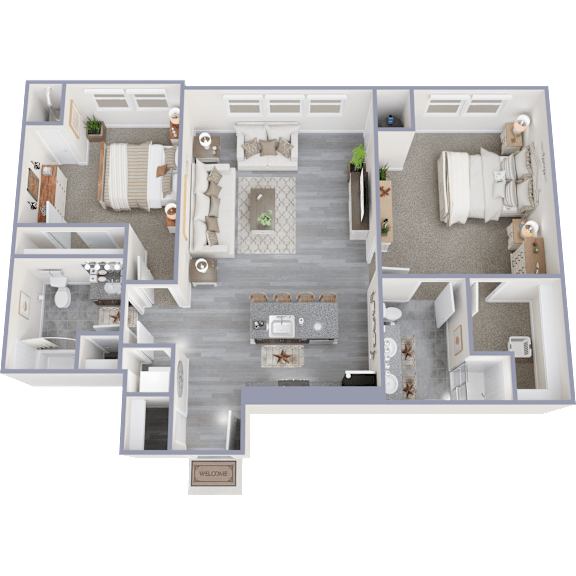 A 3D floor plan of a house with a living room, dining room, kitchen, and two bedrooms.