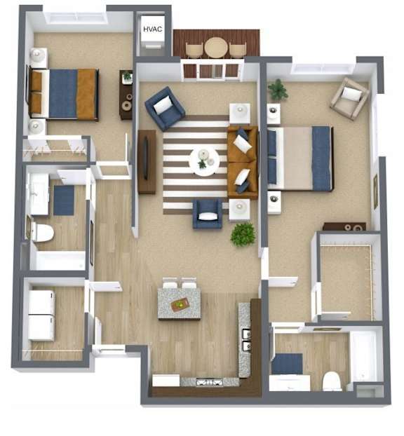 A floor plan of a house with a living room, dining room, kitchen, and two bedrooms.