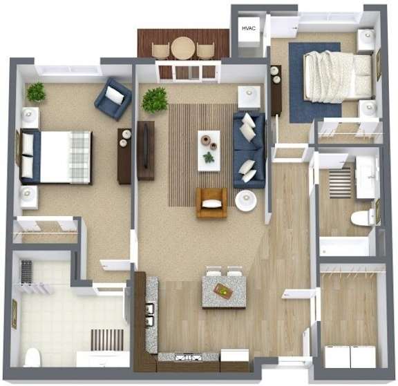 A floor plan of a house with a living room, kitchen, and two bedrooms.