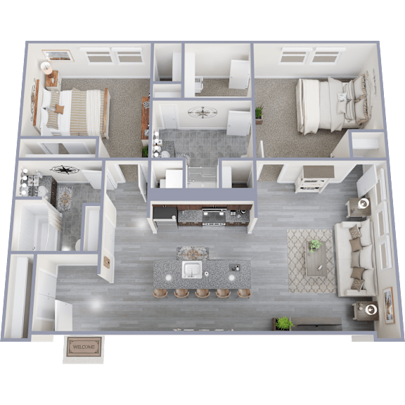 A top-down view of a well-furnished living room, kitchen, and dining area.