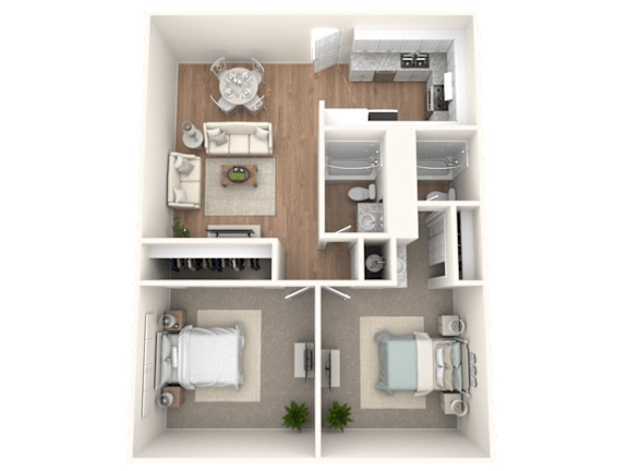 A top-down view of a small apartment with a living room, kitchen, and two bedrooms.