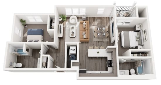A 3D floor plan of a small apartment with two bedrooms, a living room, and a kitchen.