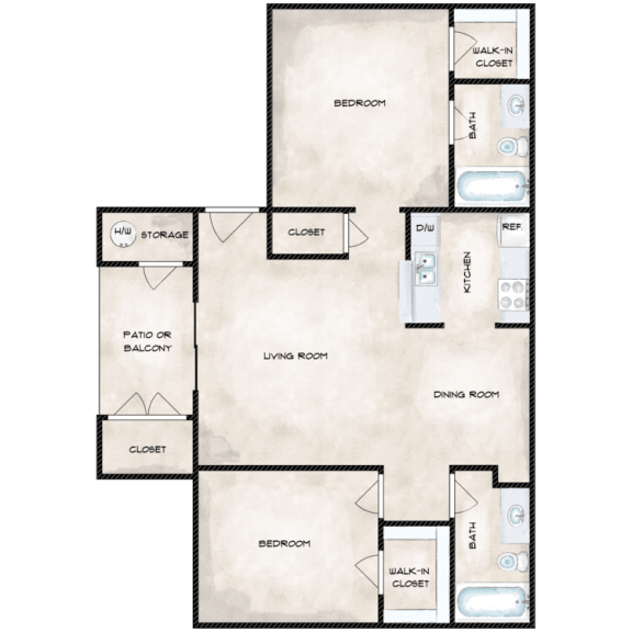 A floor plan of a house with labeled rooms such as bedroom, living room, and kitchen.
