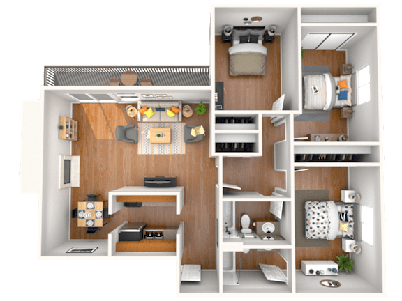 A 3D rendered image of a small apartment layout.