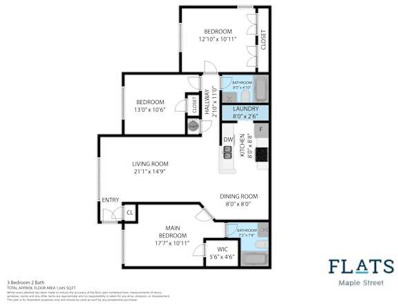 A floor plan for a 3 bedroom 2 bath apartment at Flats on Maple Street.