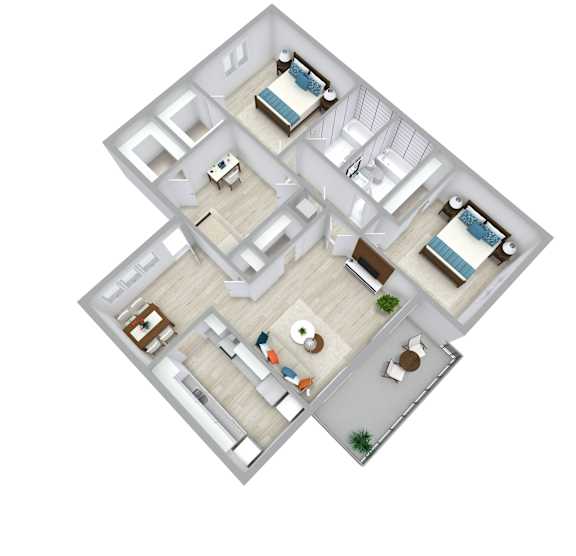 A top-down view of a house with two bedrooms, a living room, a kitchen, and a dining area.