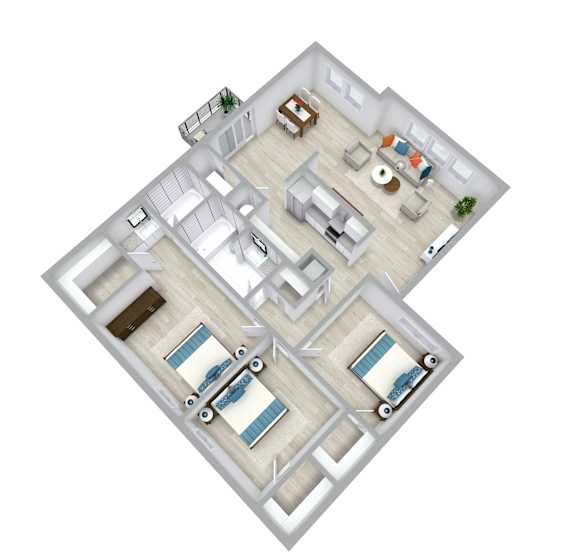 A top down view of a house with a kitchen, living room, dining room, and two bedrooms.