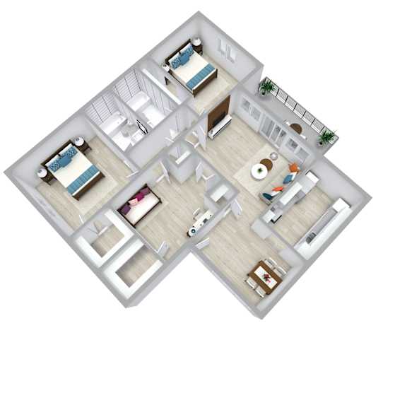 A 3D floor plan of a house with two bedrooms, a living room, a kitchen, and a bathroom.