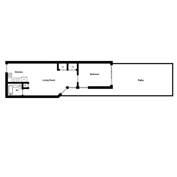 A floor plan of a house with a kitchen, living room, bedroom, and patio.