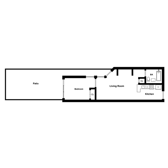 A floor plan of a house with a living room, kitchen, bedroom, and patio.