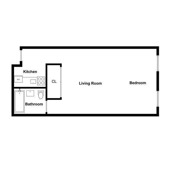 A floor plan of a small apartment with a kitchen, bathroom, living room, and bedroom.