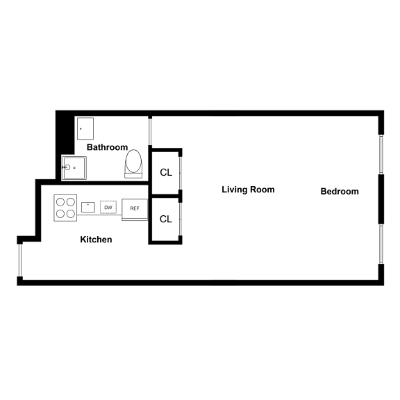 A floor plan of a house with a kitchen, living room, and bedroom.