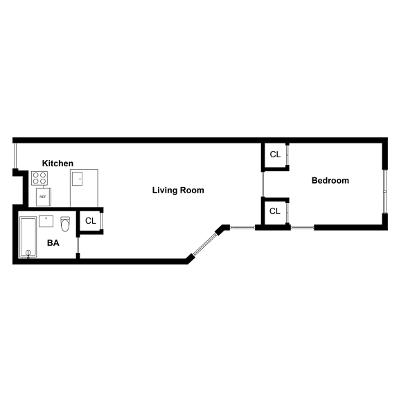 A floor plan of a house with a kitchen, living room, and bedroom.