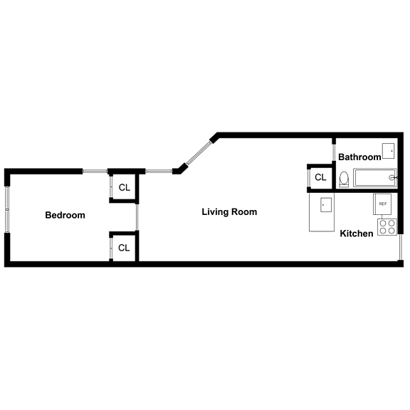 A floor plan of a living space with a bedroom, living room, kitchen, and bathroom.