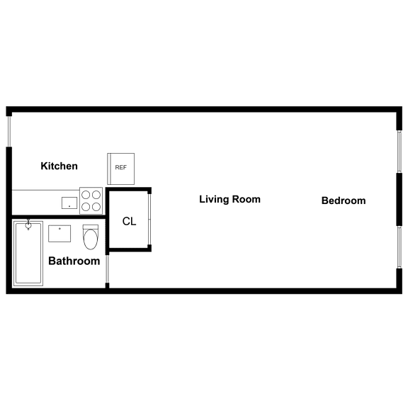 A floor plan of a house showing a kitchen, living room, bedroom, and bathroom.