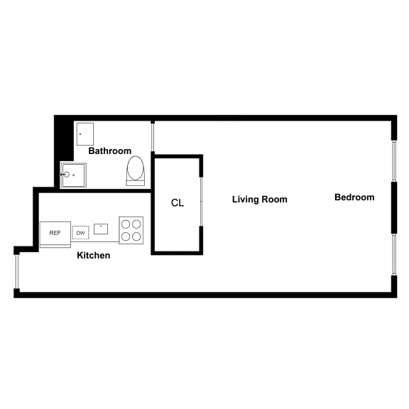 A floor plan of a small apartment with a kitchen, living room, and bedroom.