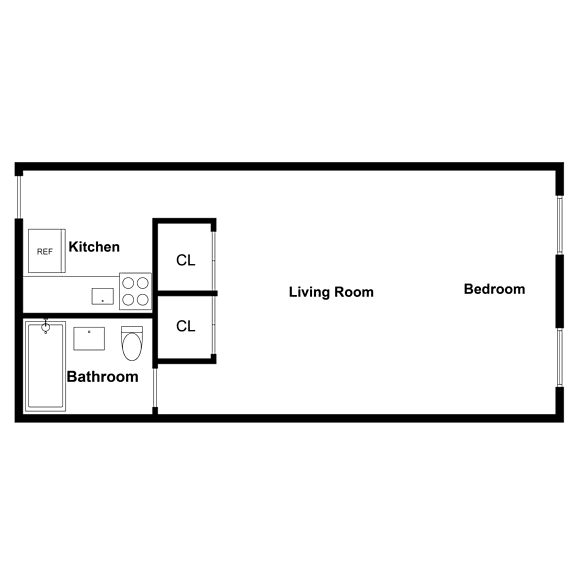 A floor plan of a living space showing a kitchen, bathroom, and bedroom.