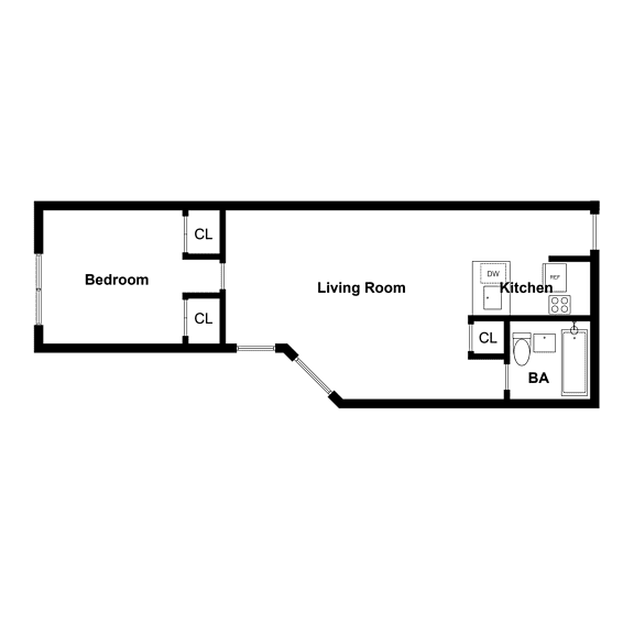 A floor plan of a living space with a bedroom, living room, and kitchen.