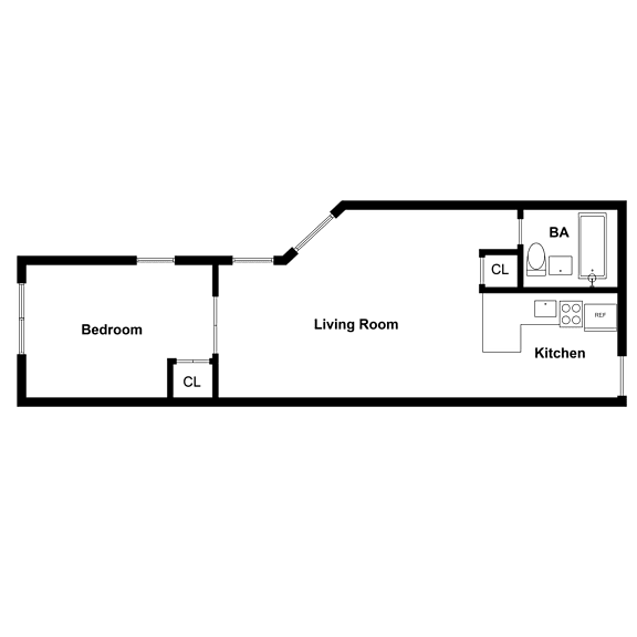 A floor plan of a living space with a bedroom, living room, and kitchen.