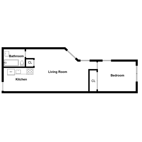 A floor plan of a house with a kitchen, living room, bedroom and bathroom.