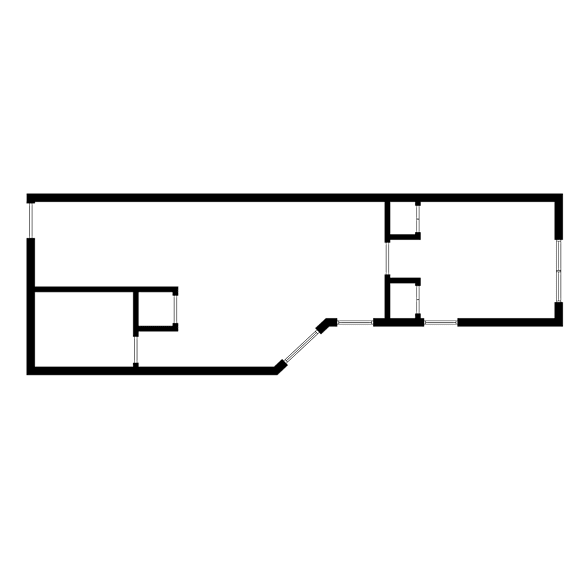 A floor plan of a house with multiple rooms and connecting hallways.