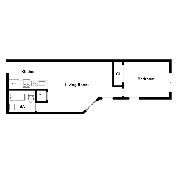 A floor plan of a small apartment with a kitchen, living room, and bedroom.