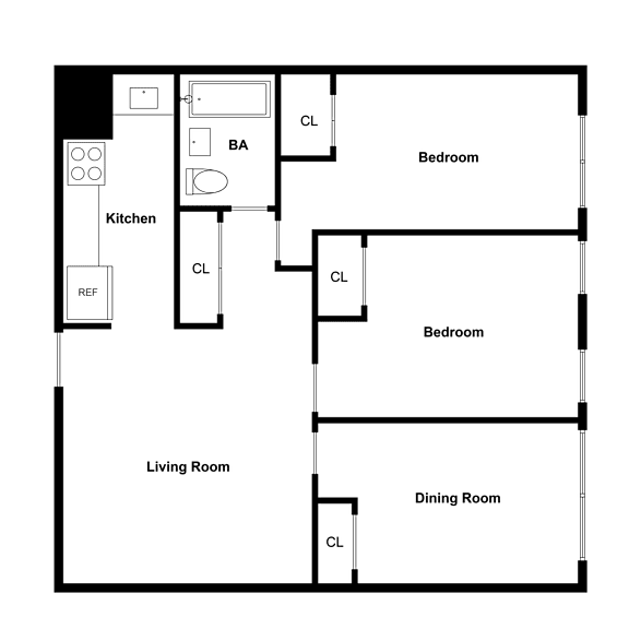 A floor plan of a house with a living room, dining room, kitchen, and three bedrooms.