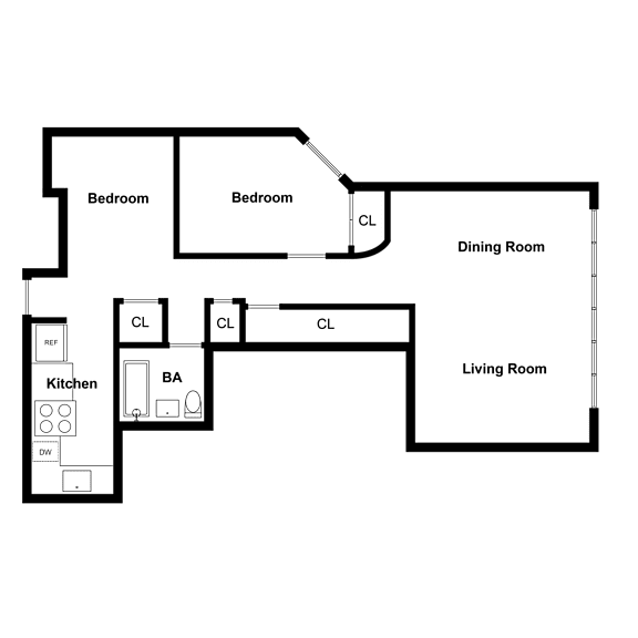 A floor plan of a living space showing a kitchen, two bedrooms, a dining room, and a living room.
