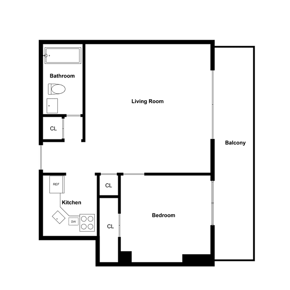 A floor plan of a house with a living room, kitchen, bedroom, bathroom, and balcony.