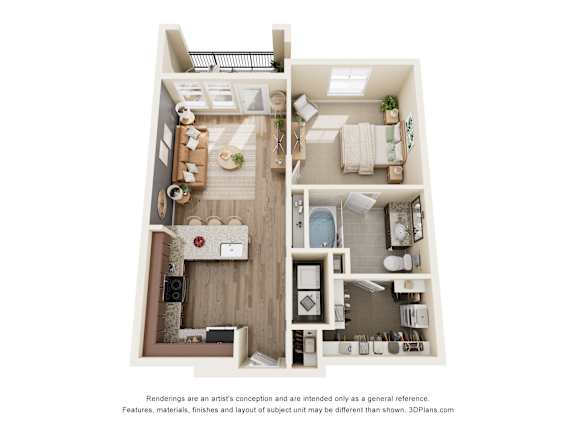 33hundred Apartments A1 one-bedroom floorplan in Austin TX 78728 featuring open-concept living room, modern kitchen with wood-style flooring, spacious bedroom, and full bathroom