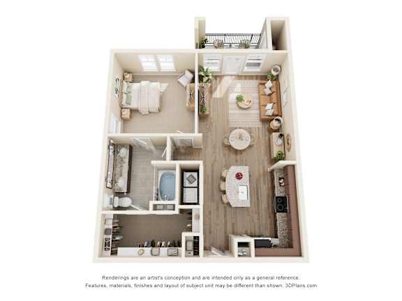 33hundred Apartments A3 one-bedroom floorplan in Austin TX showcasing open kitchen and living space, generous bedroom, modern finishes, and full bath