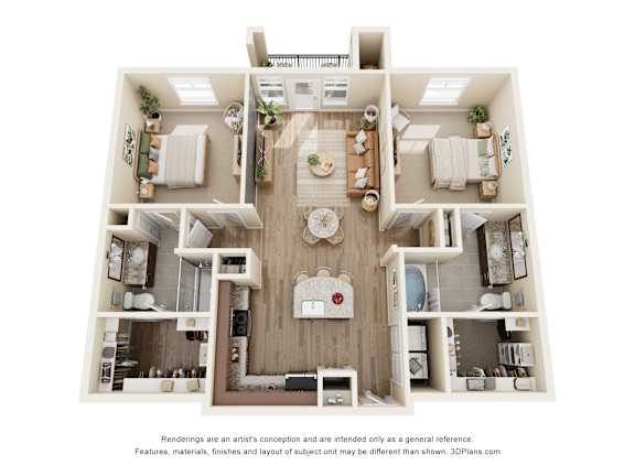 B1 two-bedroom floorplan at 33hundred Apartments in Austin TX 78728 featuring split-bedroom layout, open living room, modern kitchen, and two full bathrooms
