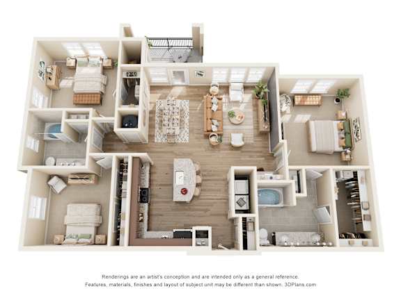 C1 three-bedroom floorplan at 33hundred Apartments in Austin TX 78728 featuring expansive living room, large kitchen, three bedrooms, and two full bathrooms.