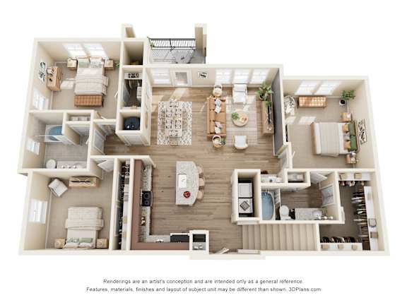 33hundred Apartments C1 three-bedroom layout in Austin Texas with open living and dining space, modern kitchen, three spacious bedrooms, and two bathrooms.