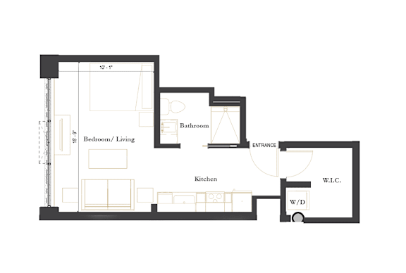 A floor plan of a house with a kitchen, living room, and bathroom.