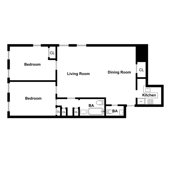 A floor plan of a house with two bedrooms, a living room, a dining room, and a kitchen.