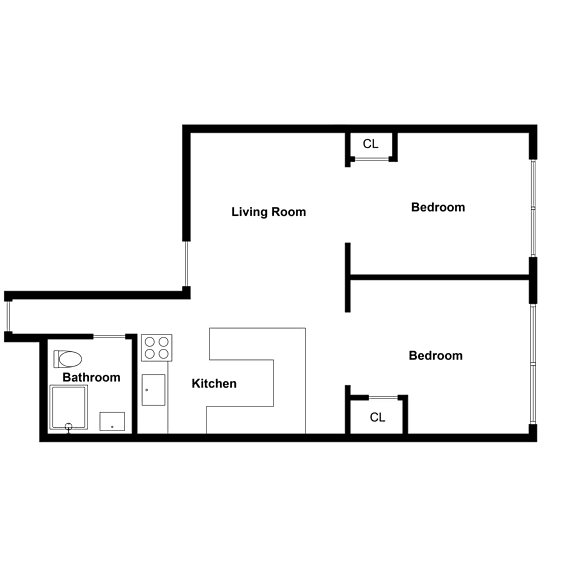 A floor plan of a house with a living room, kitchen, two bedrooms, and a bathroom.