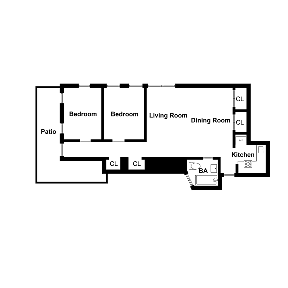 A floor plan of a house with a kitchen, two bedrooms, a living room, a dining room, and a patio.