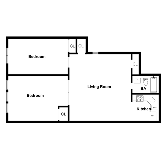 A floor plan of a house with two bedrooms, a living room, and a kitchen.