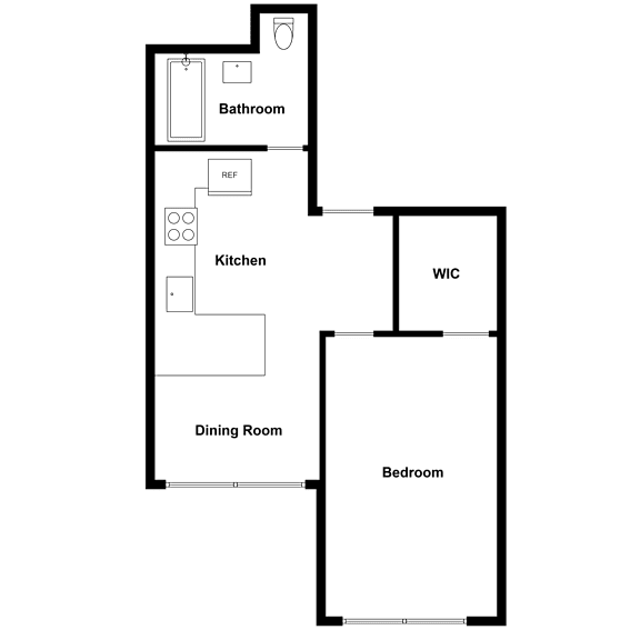 A floor plan of a room with a kitchen, dining room, bathroom, and bedroom.
