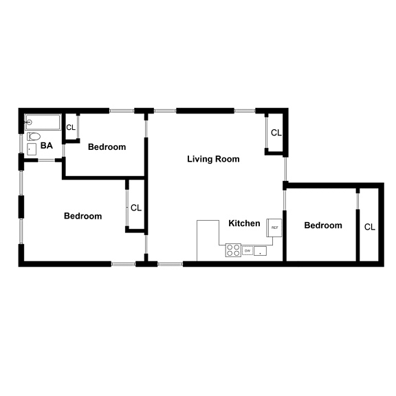 A floor plan of a house with a living room, kitchen, and four bedrooms.