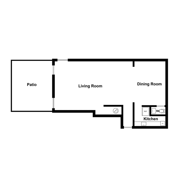 A floor plan of a house with a patio, living room, dining room, and kitchen.