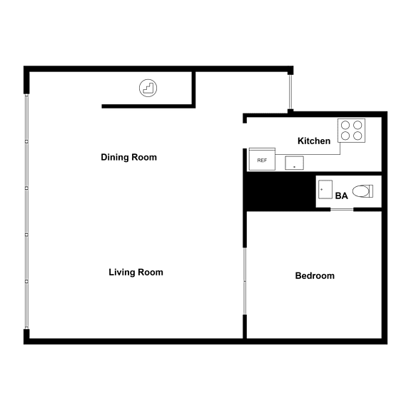 A floor plan of a house with a dining room, living room, kitchen, and bedroom.