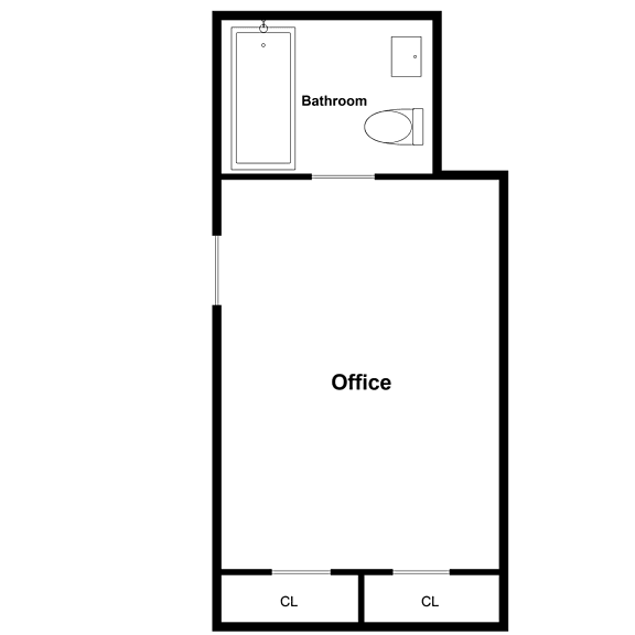A floor plan of an apartment with an office and a bathroom.