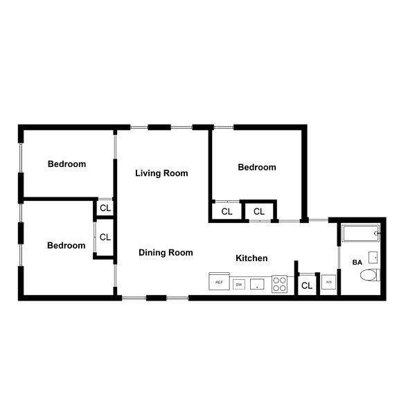 A floor plan of a house with three bedrooms, a living room, a dining room, and a kitchen.