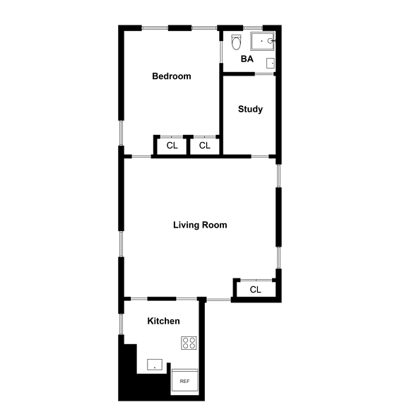 A floor plan of a small apartment with a bedroom, living room, and kitchen.
