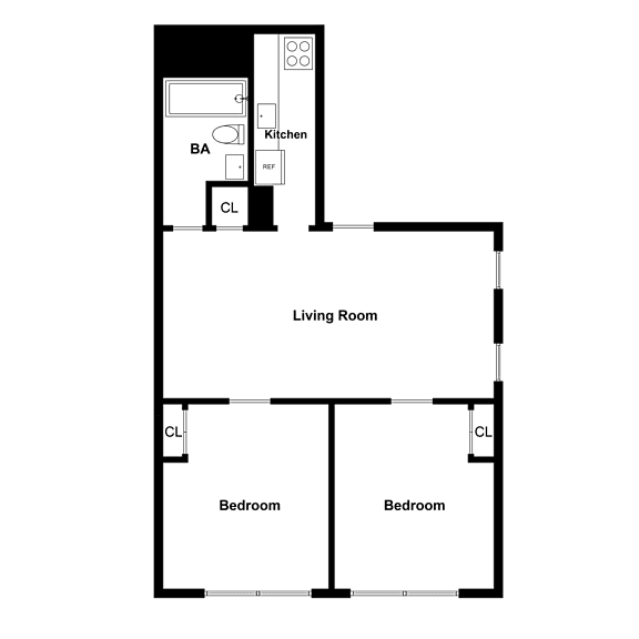 A floor plan of a house with a living room, two bedrooms, a kitchen, a bathroom, and a laundry room.