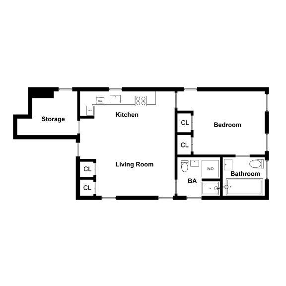 A floor plan of a house with a living room, kitchen, bedroom, bathroom and storage.